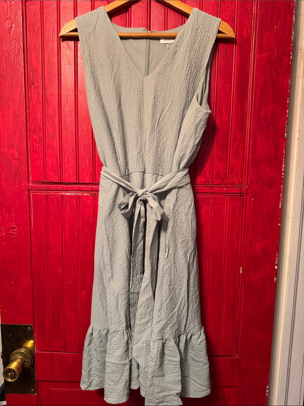 Calvin Klein Pale Green Sleeveless Tie-Waist Midi Dress